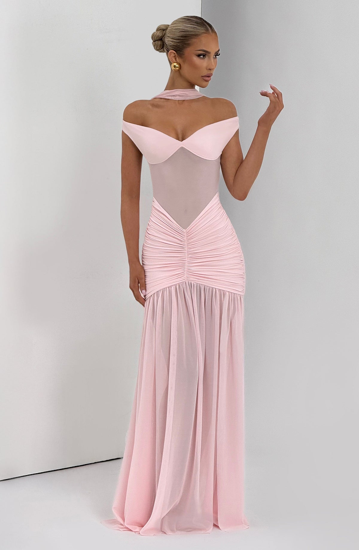 L.F Women's Dress Bardot Maxi Blush Jersey Mesh Formal