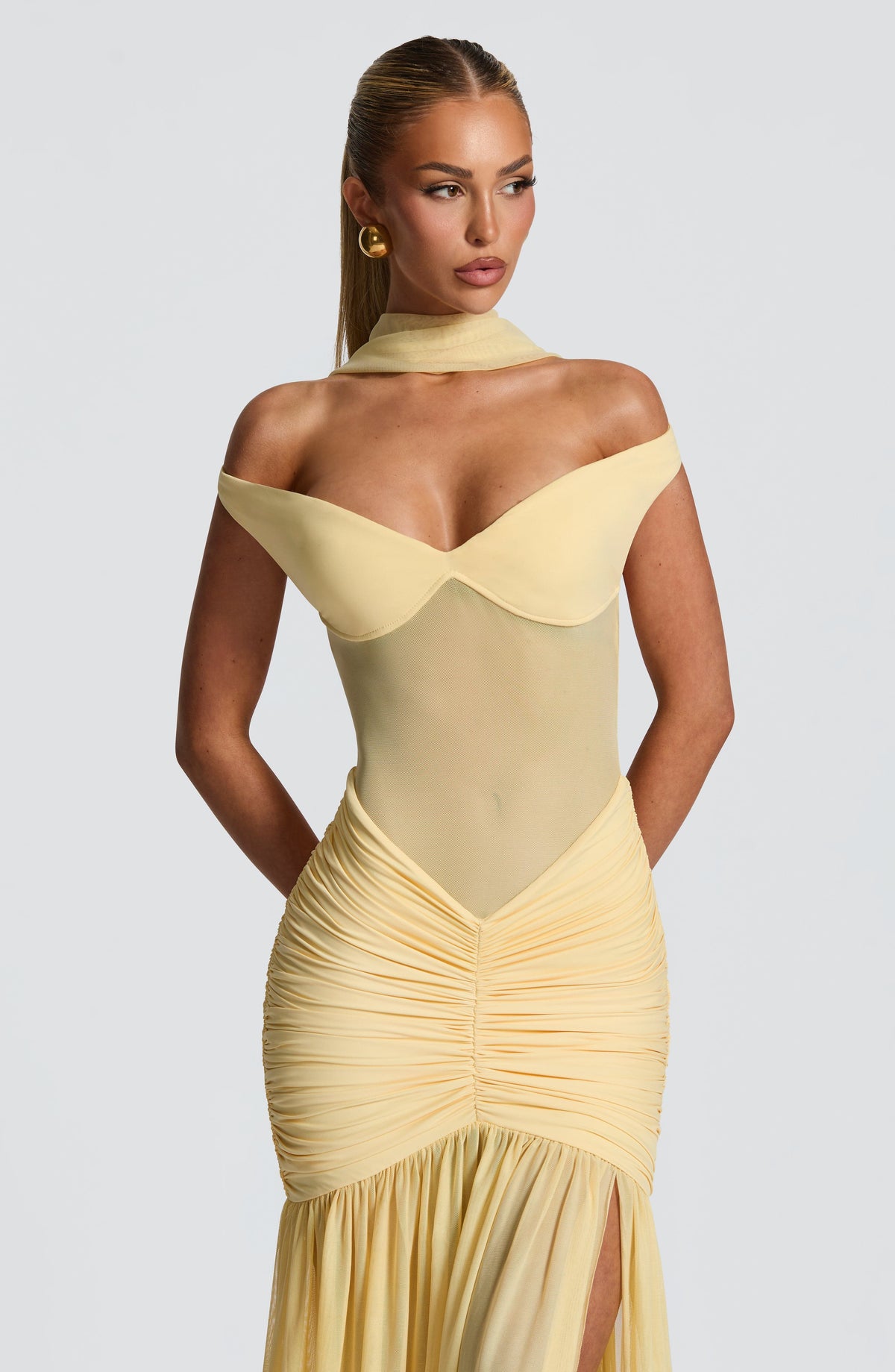 L.F Women's Dress Maxi Bardot Lemon Mesh Party