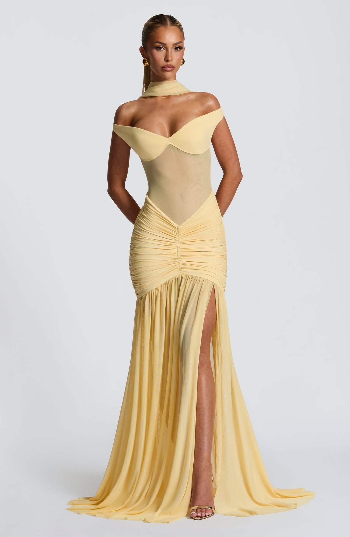 L.F Women's Dress Maxi Bardot Lemon Mesh Party