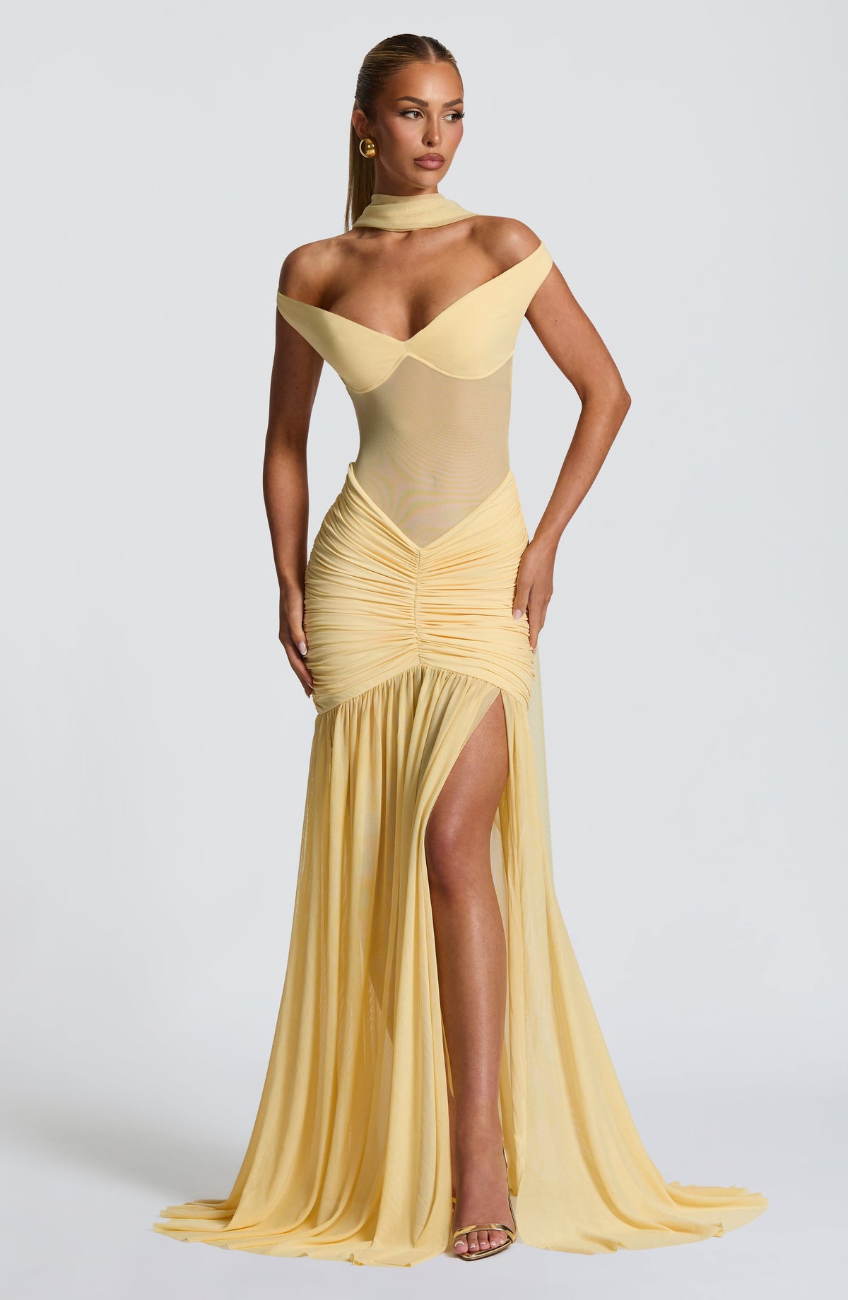 L.F Women's Dress Maxi Bardot Lemon Mesh Party