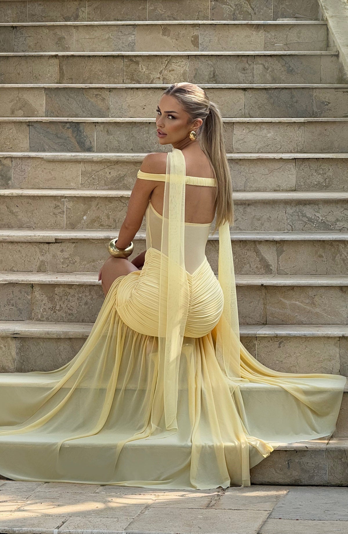 L.F Women's Dress Maxi Bardot Lemon Mesh Party
