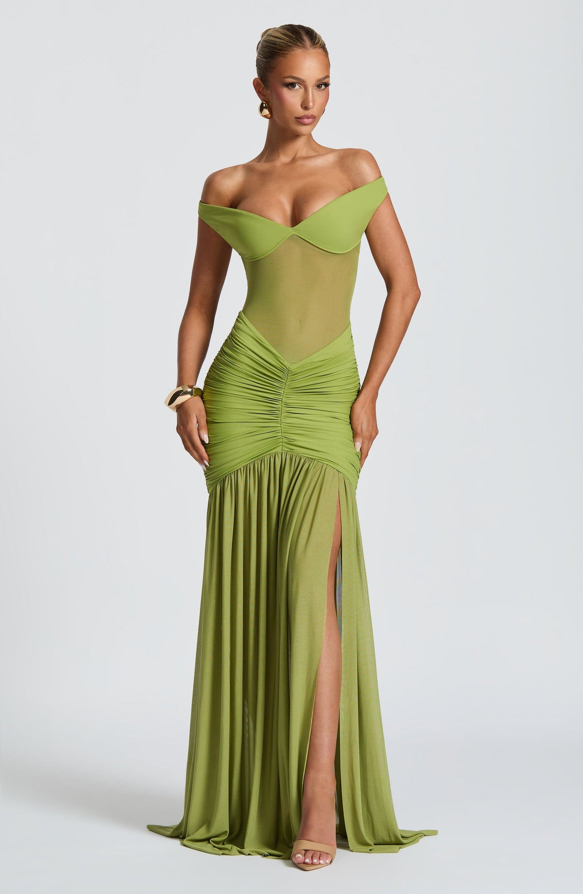 L.F Women's Dress Maxi Bardot Olive Mesh Evening