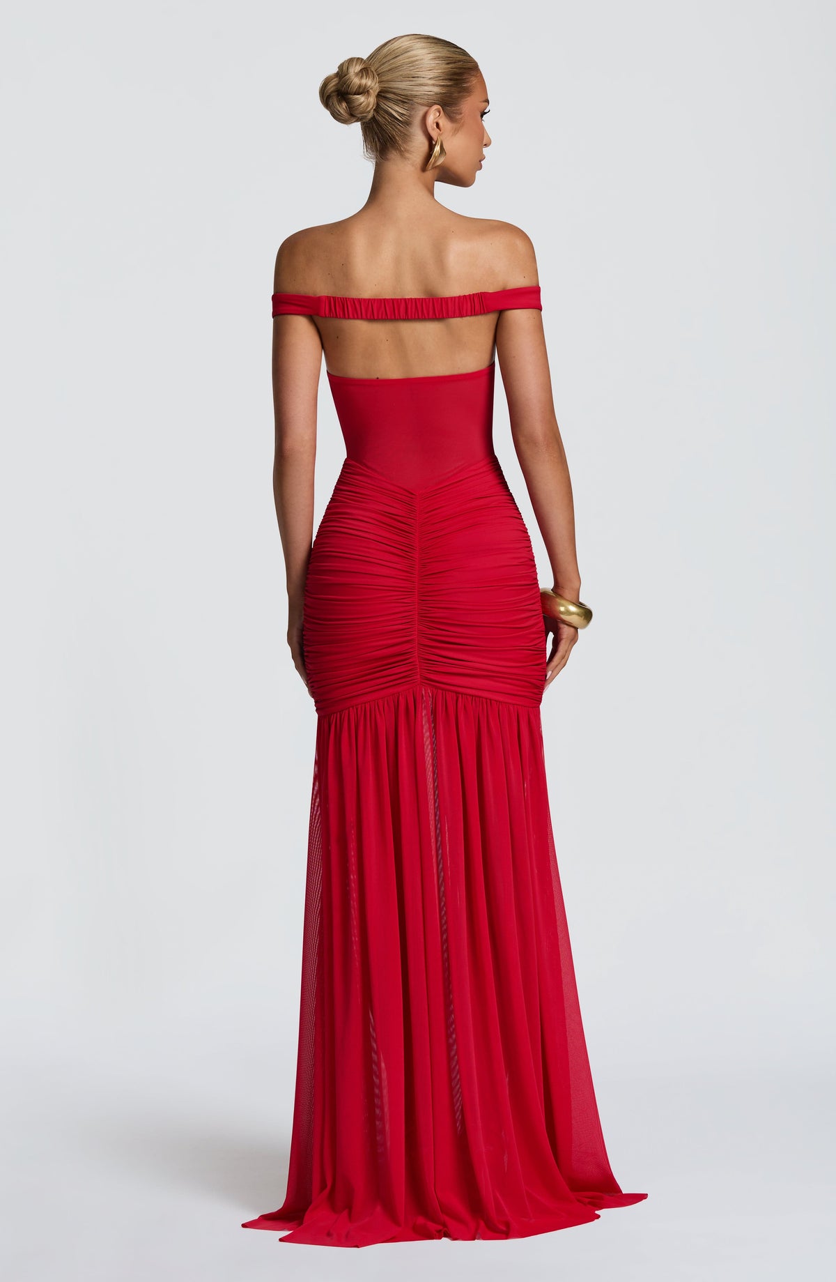 L.F Women's Dress Bardot Maxi Red Mesh Split Evening