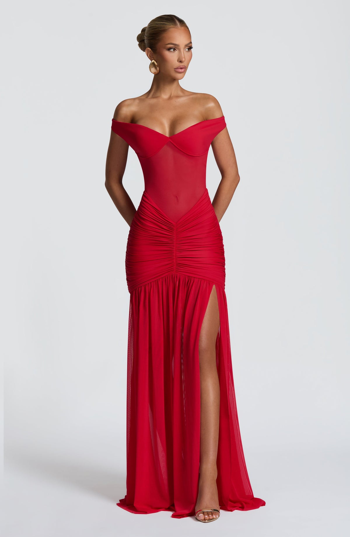 L.F Women's Dress Bardot Maxi Red Mesh Split Evening