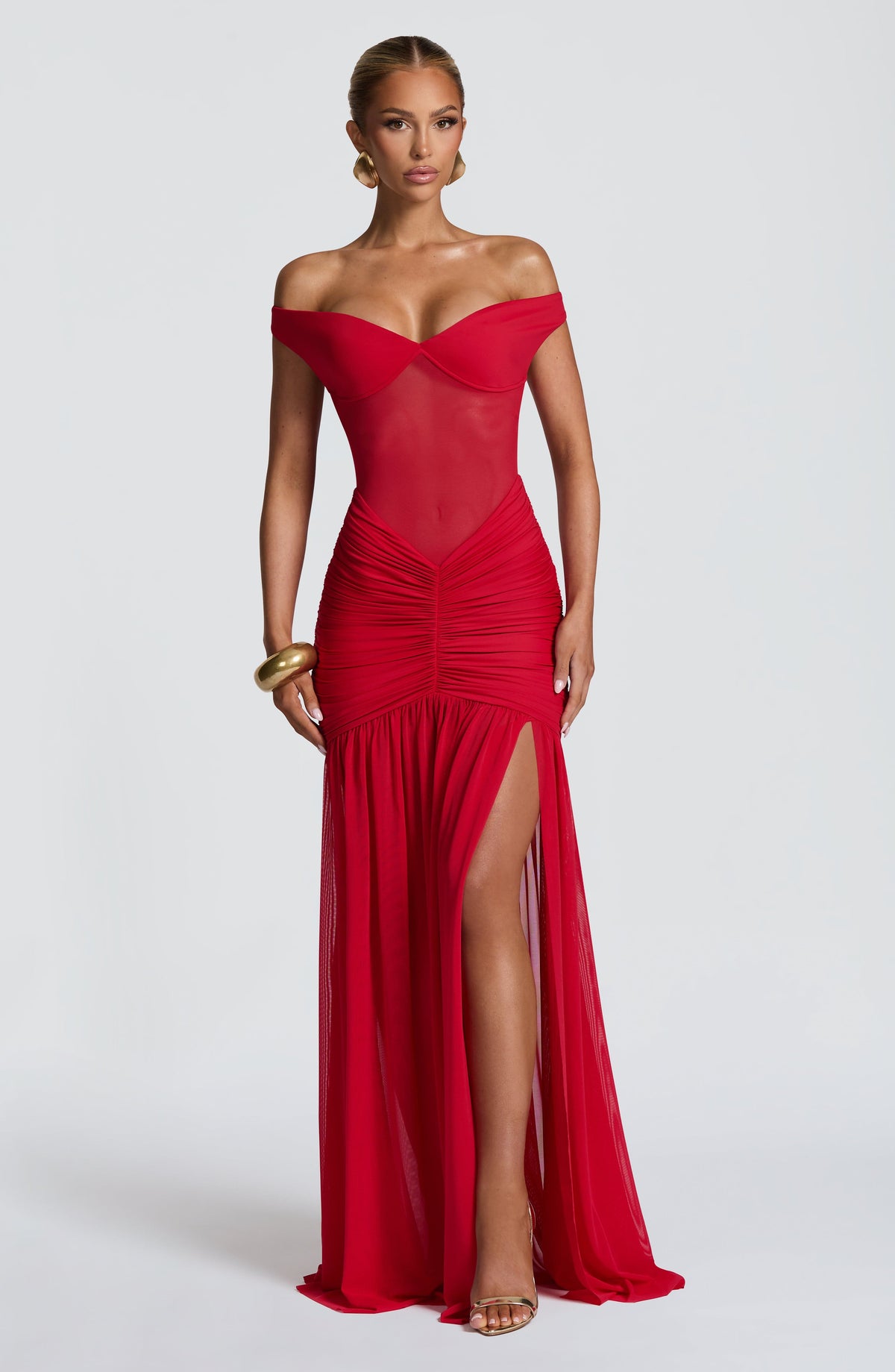 L.F Women's Dress Bardot Maxi Red Mesh Split Evening