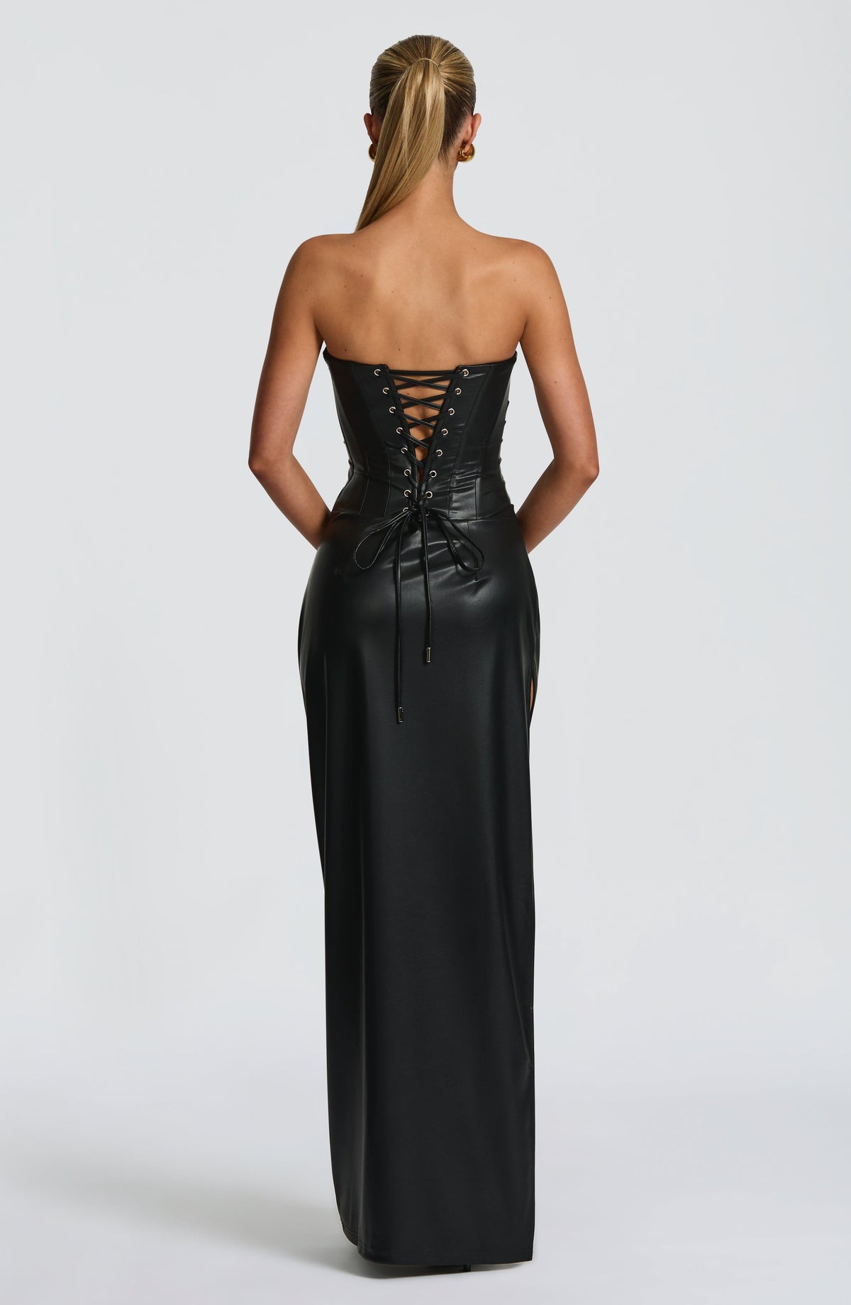 Women's Maxi Dress Strapless Cowl Neck Black Faux Leather Evening Party