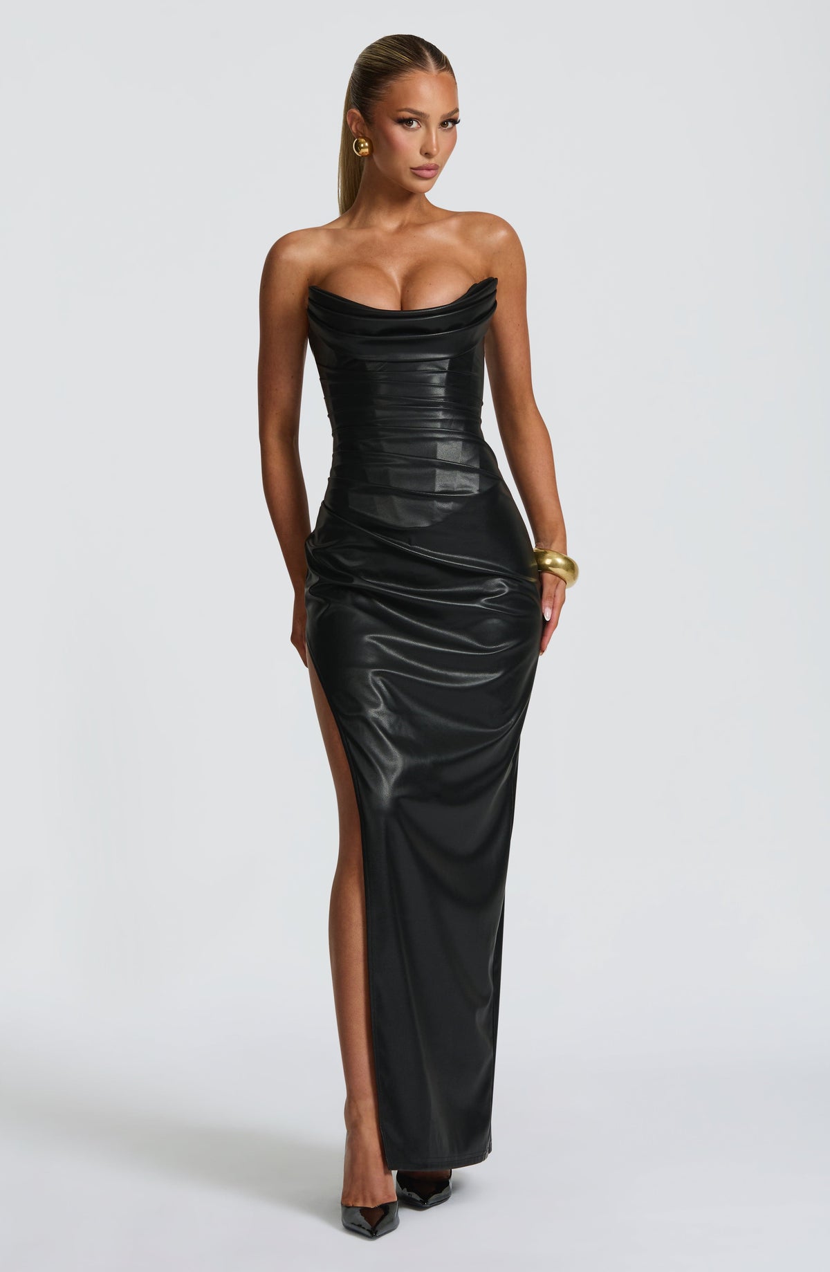 Women's Maxi Dress Strapless Cowl Neck Black Faux Leather Evening Party