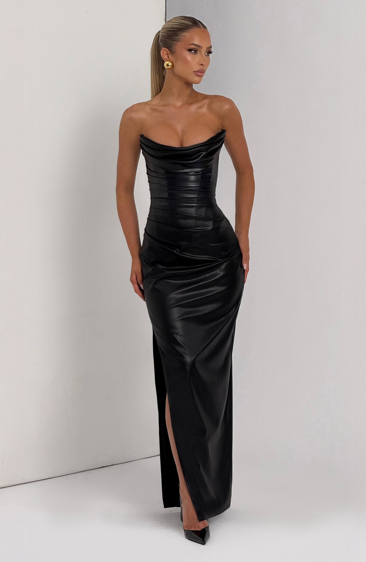 Women's Maxi Dress Strapless Cowl Neck Black Faux Leather Evening Party
