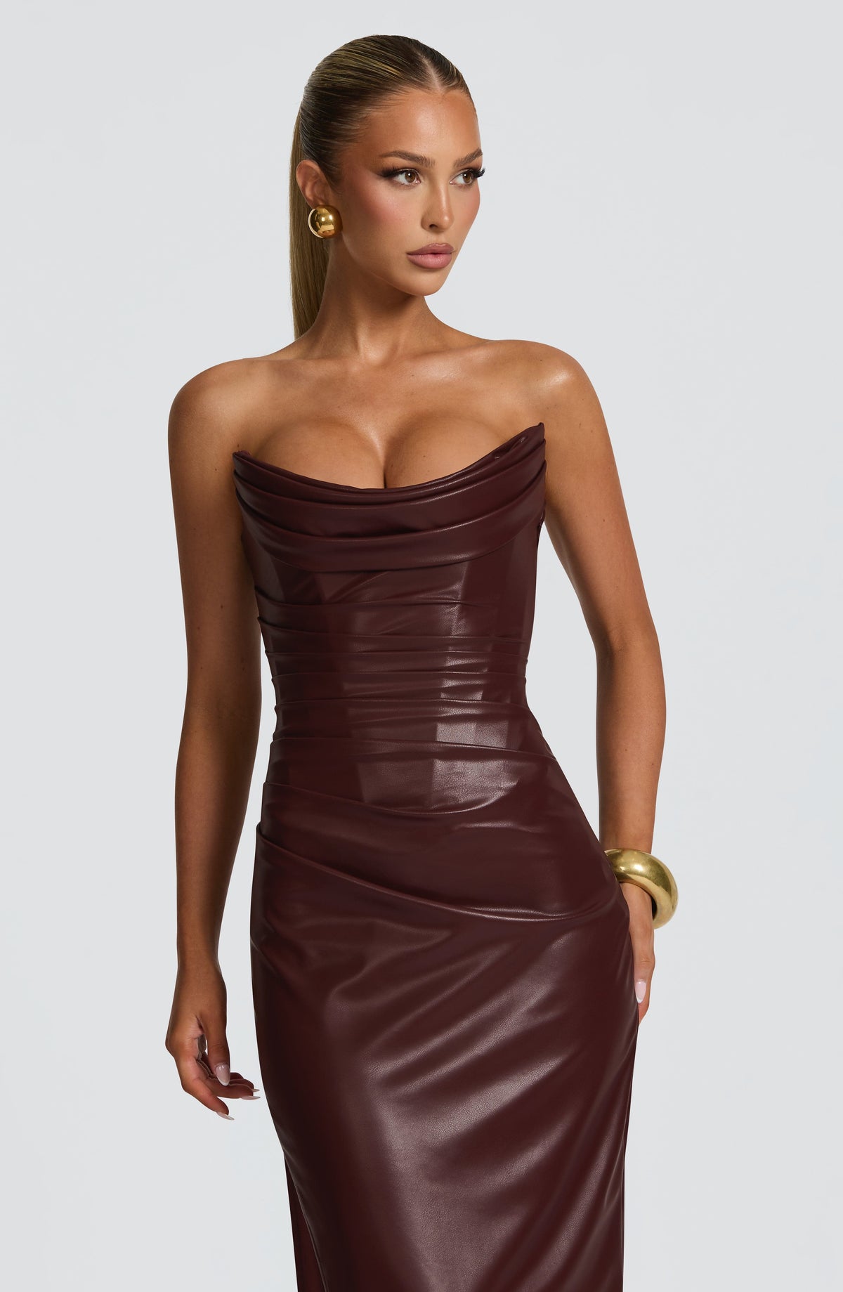 M.T Women's Dress Maxi Burgundy Faux Leather Evening