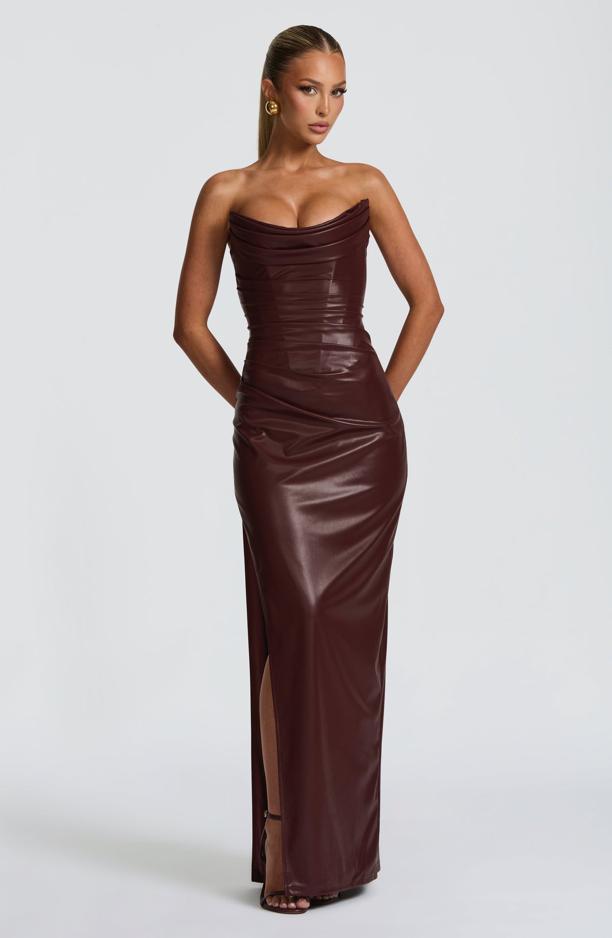 M.T Women's Dress Maxi Burgundy Faux Leather Evening