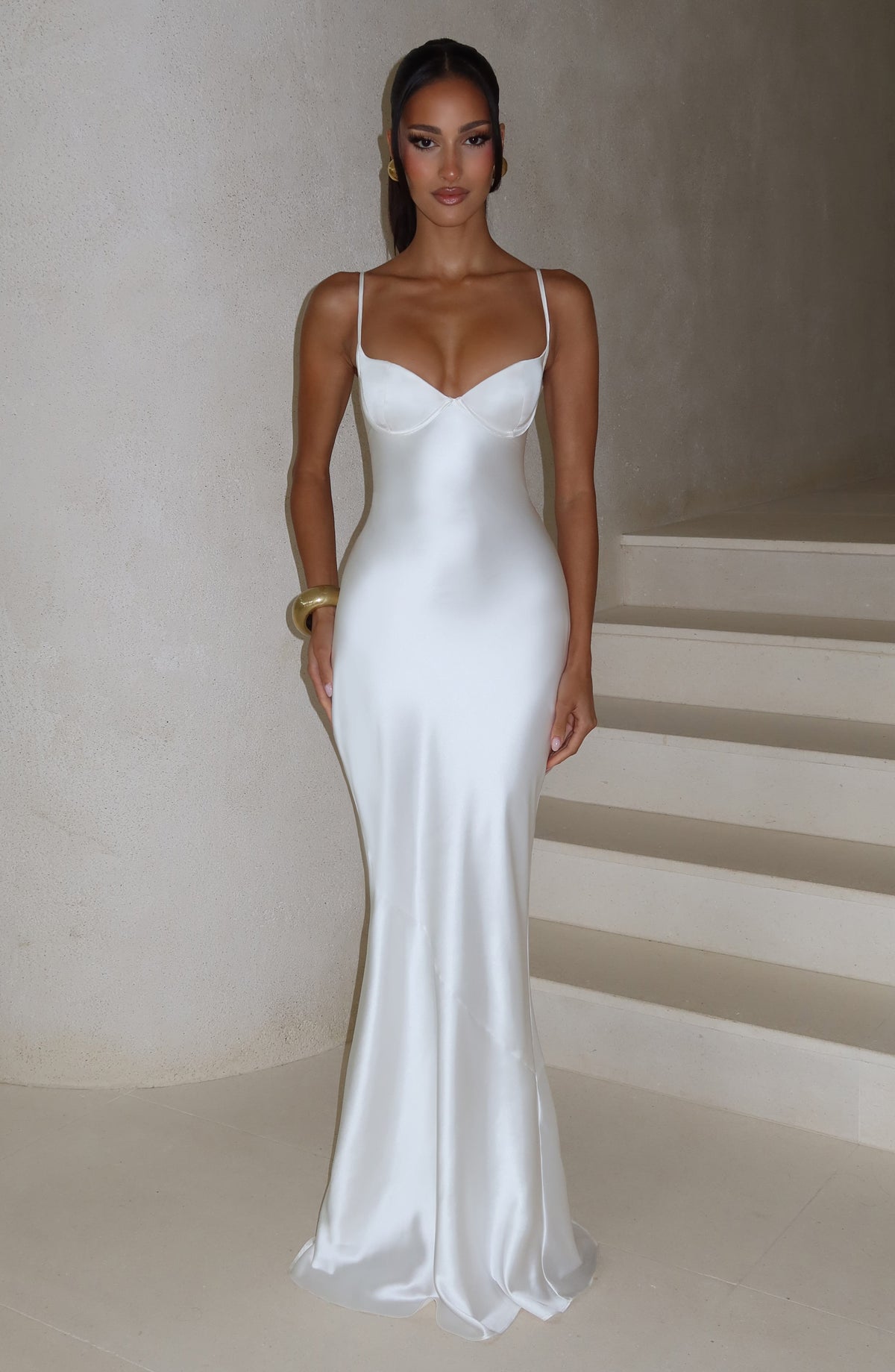 M.T Women's Dress Maxi Cupped Ivory Satin Formal