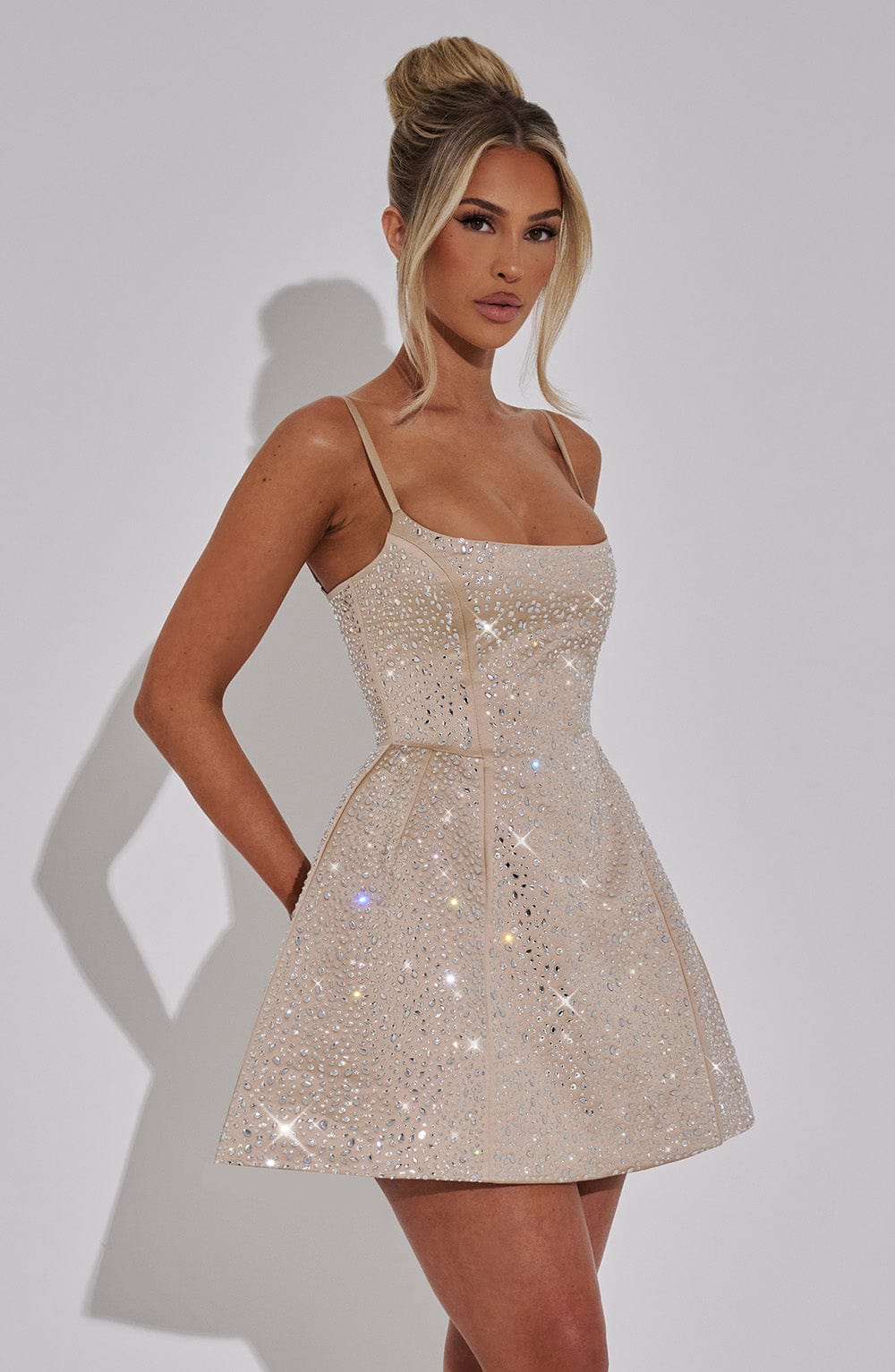 L.F Women's Dress Angelique Mini Square Neck Champagne Satin Rhinestone Party