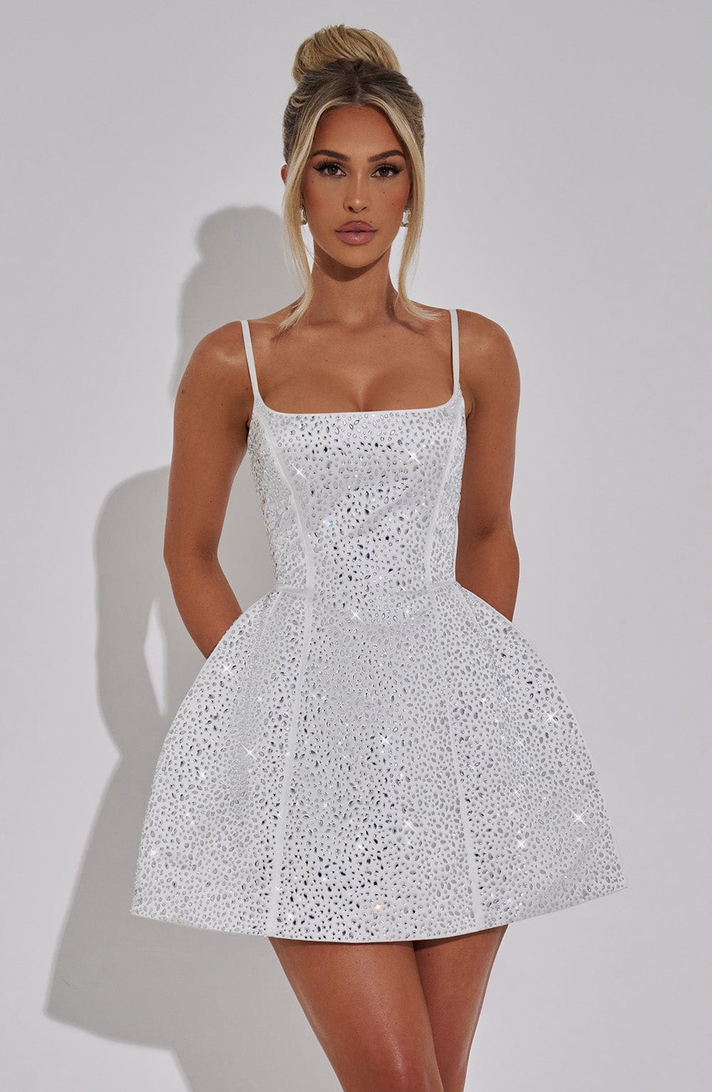 L.F Women's Dress Angelique Mini Square-Neck Ivory Rhinestone Satin Party