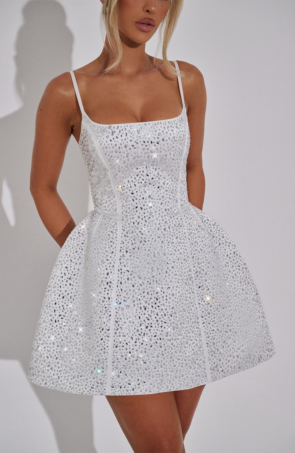L.F Women's Dress Angelique Mini Square-Neck Ivory Rhinestone Satin Party