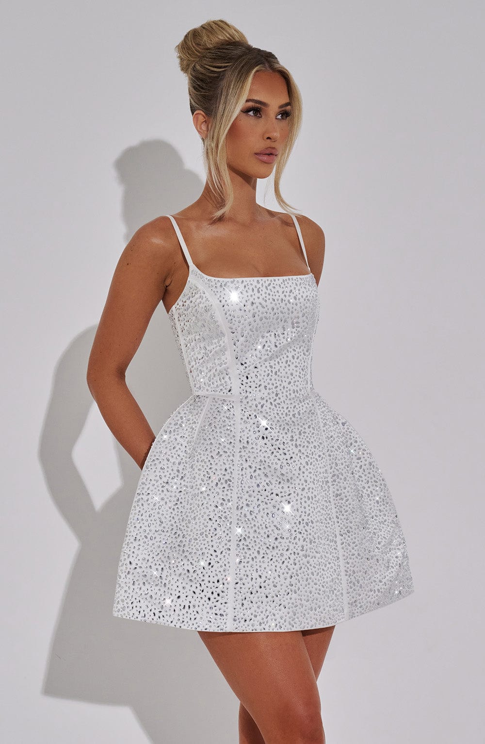 L.F Women's Dress Angelique Mini Square-Neck Ivory Rhinestone Satin Party