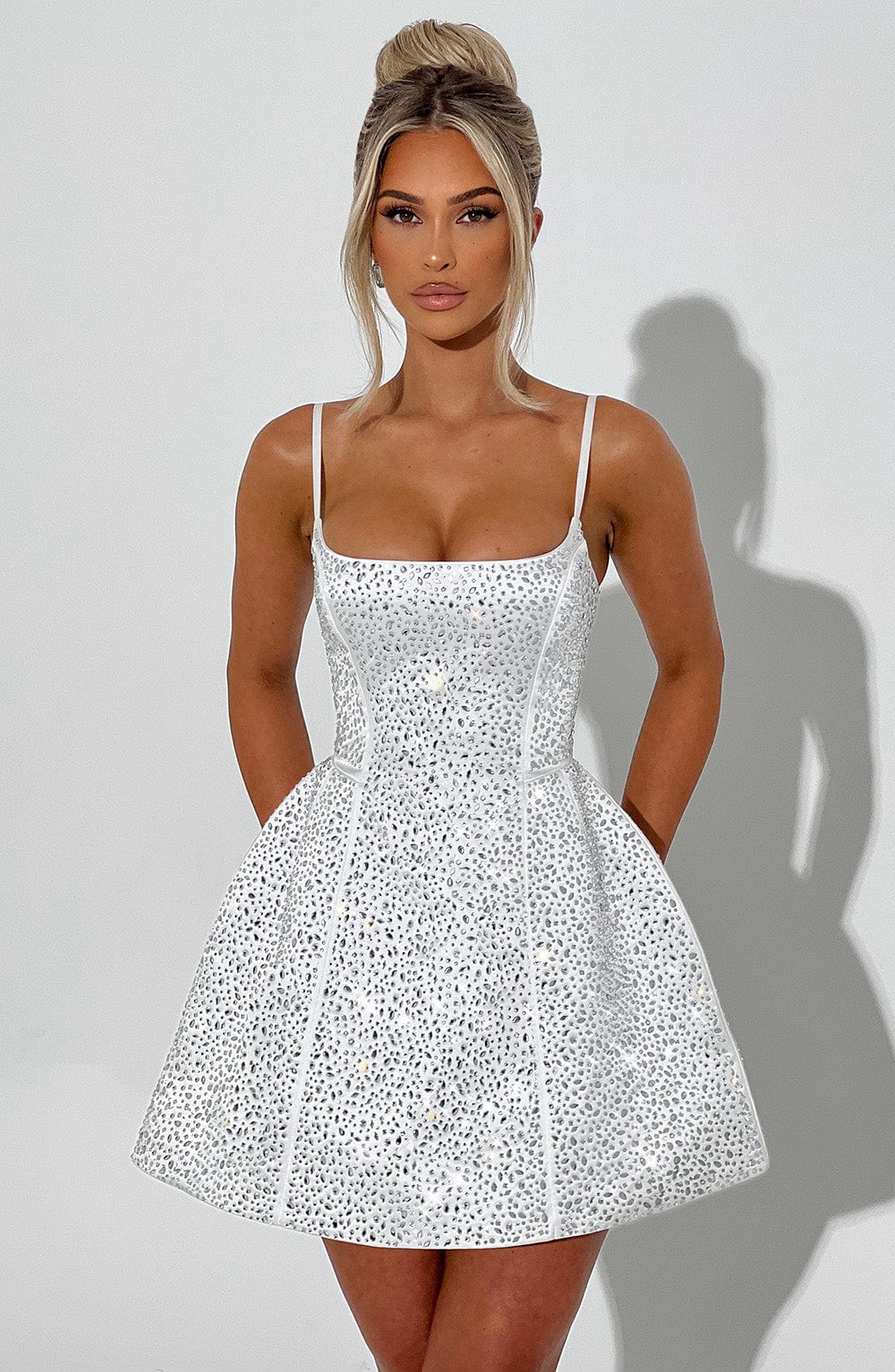 L.F Women's Dress Angelique Mini Square-Neck Ivory Rhinestone Satin Party