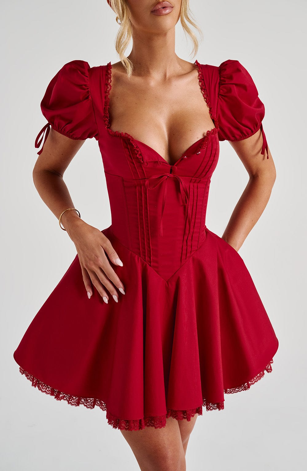 R.F Women's Dress Square Neck Red Lace Party