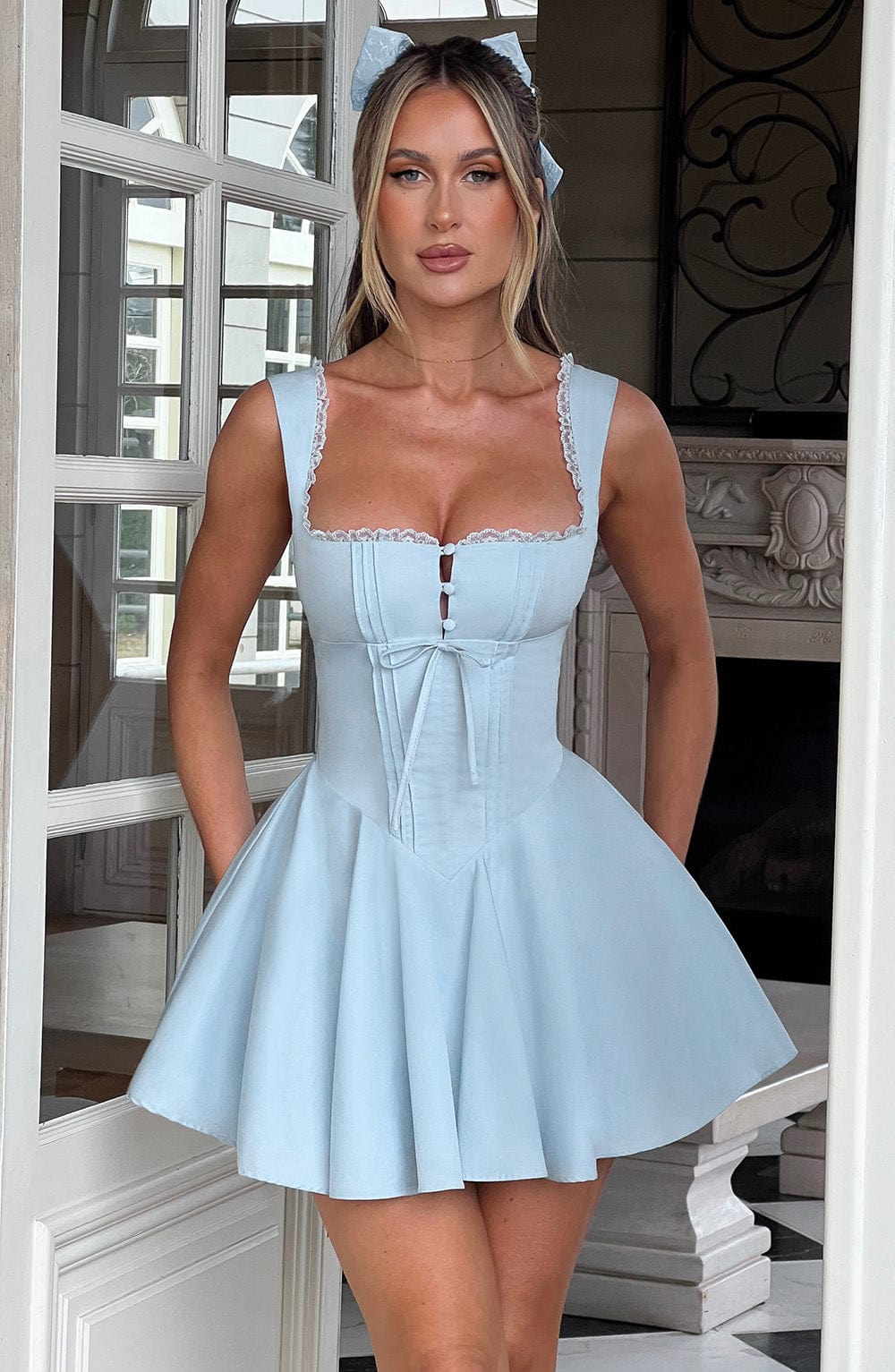 R.F Women's Dress Milkmaid Bubblehem Blue Cotton Blend Party