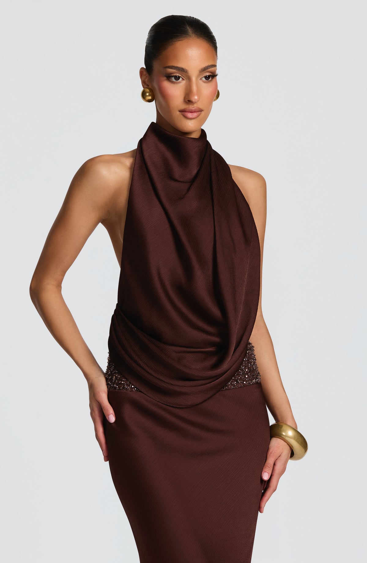 R.F Women's Dress Cowl Flare Plum Brown Satin Formal
