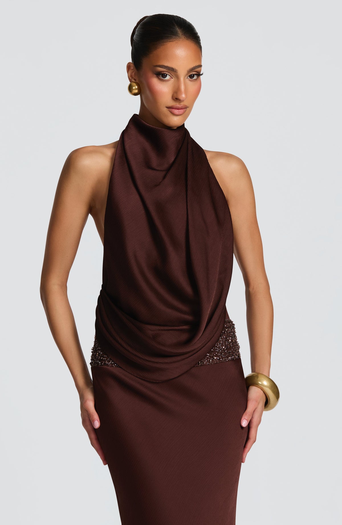 R.F Women's Dress Cowl Flare Plum Brown Satin Formal