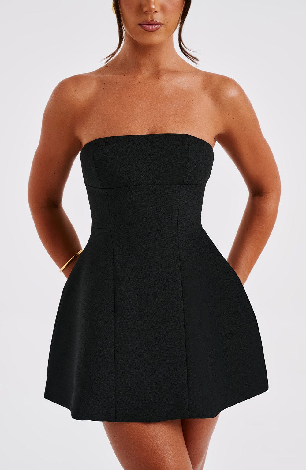 M.T Women's Dress Strapless Mini Black Crepe Bubble Hem Party
