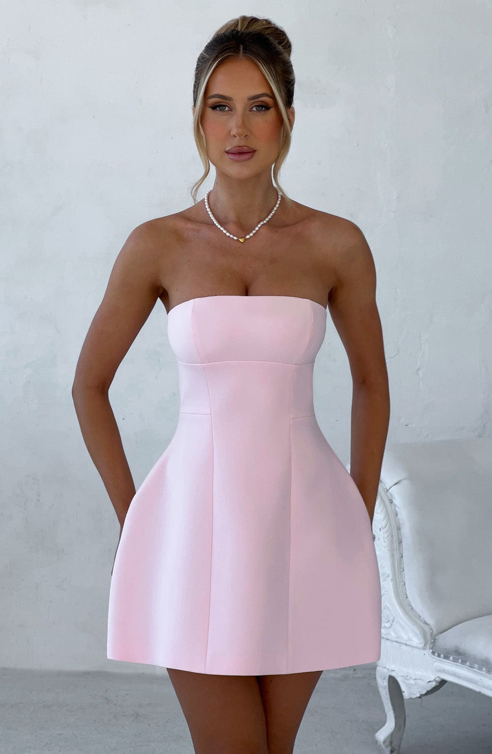 M.T Women's Dress Strapless Bubble Hem Blush Crepe Party