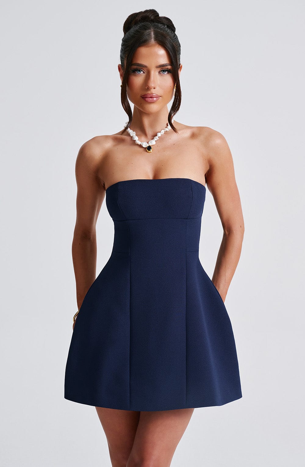 M.T Women's Dress Strapless Bubble Hem Navy Crepe Party