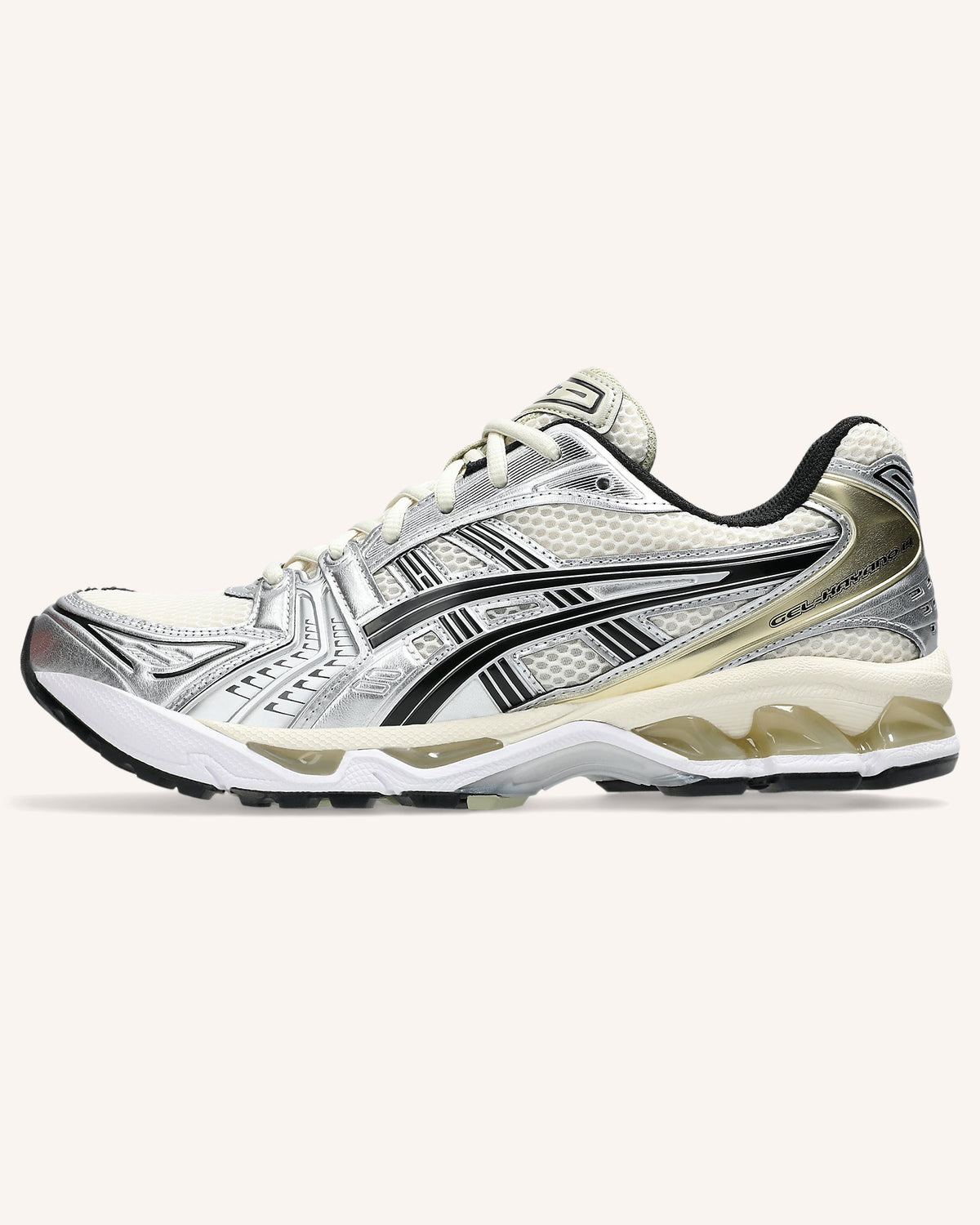 ASICS GEL-KAYANO 14 in Birch/Pure Silver, side view