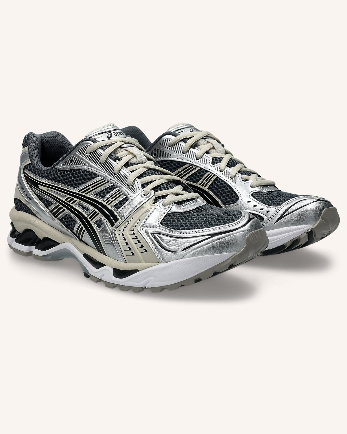 ASICS GEL-KAYANO 14 in Carrier Grey/Black, pair front view