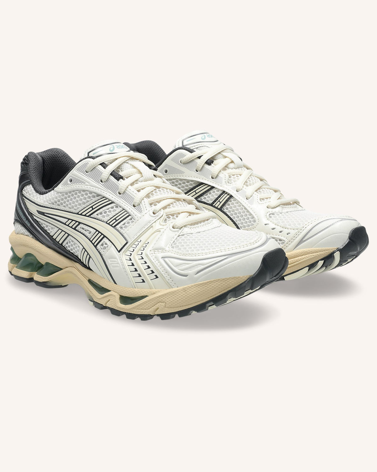 ASICS GEL-KAYANO 14 in Cream/Obsidian Grey, pair front view