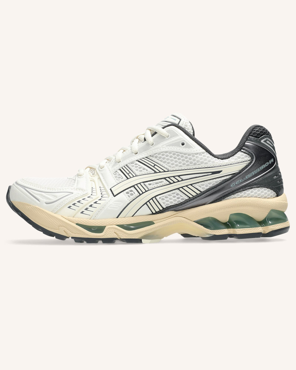 ASICS GEL-KAYANO 14 in Cream/Obsidian Grey, side view