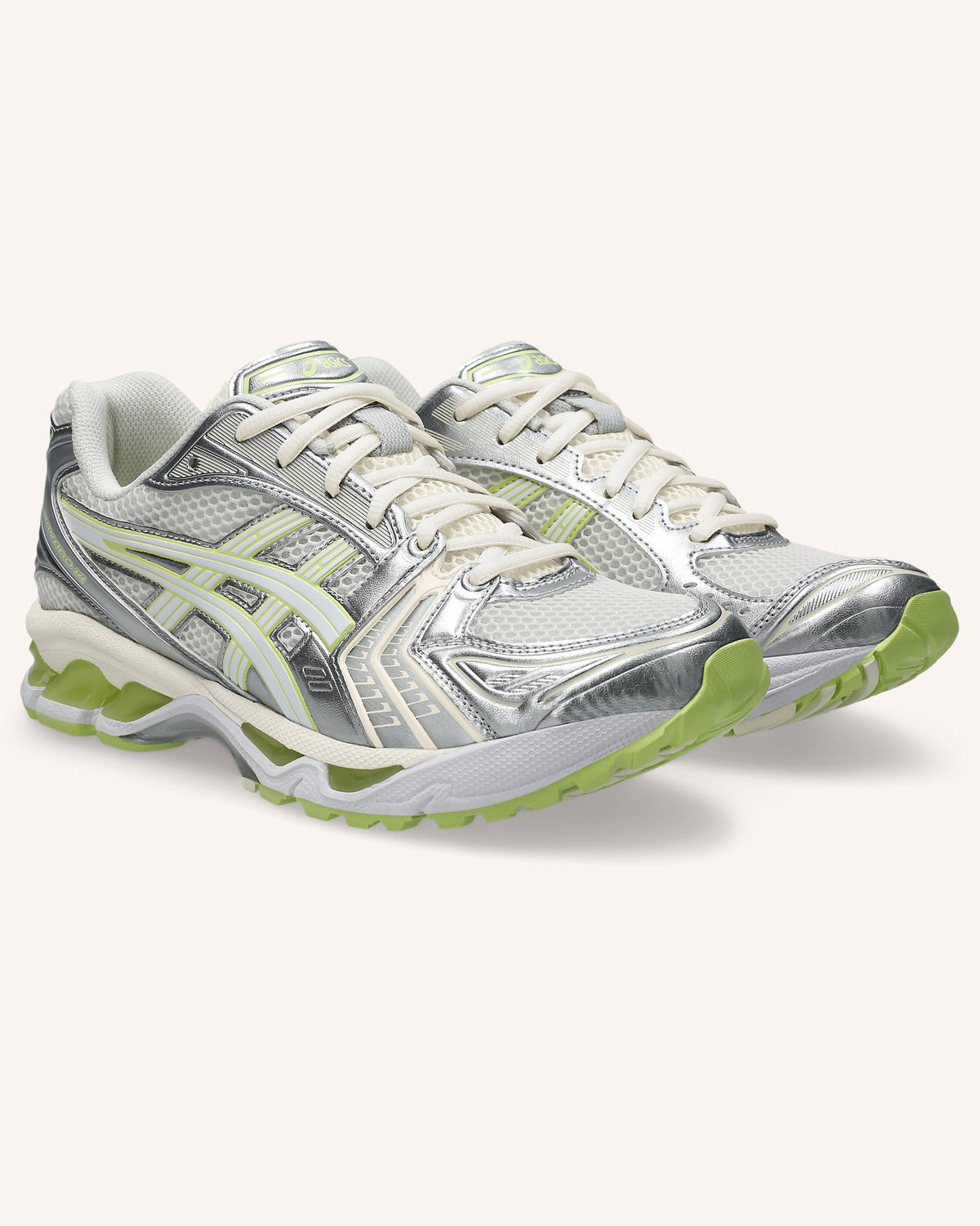 ASICS GEL-KAYANO 14 in Cream/Pistachio, pair front view