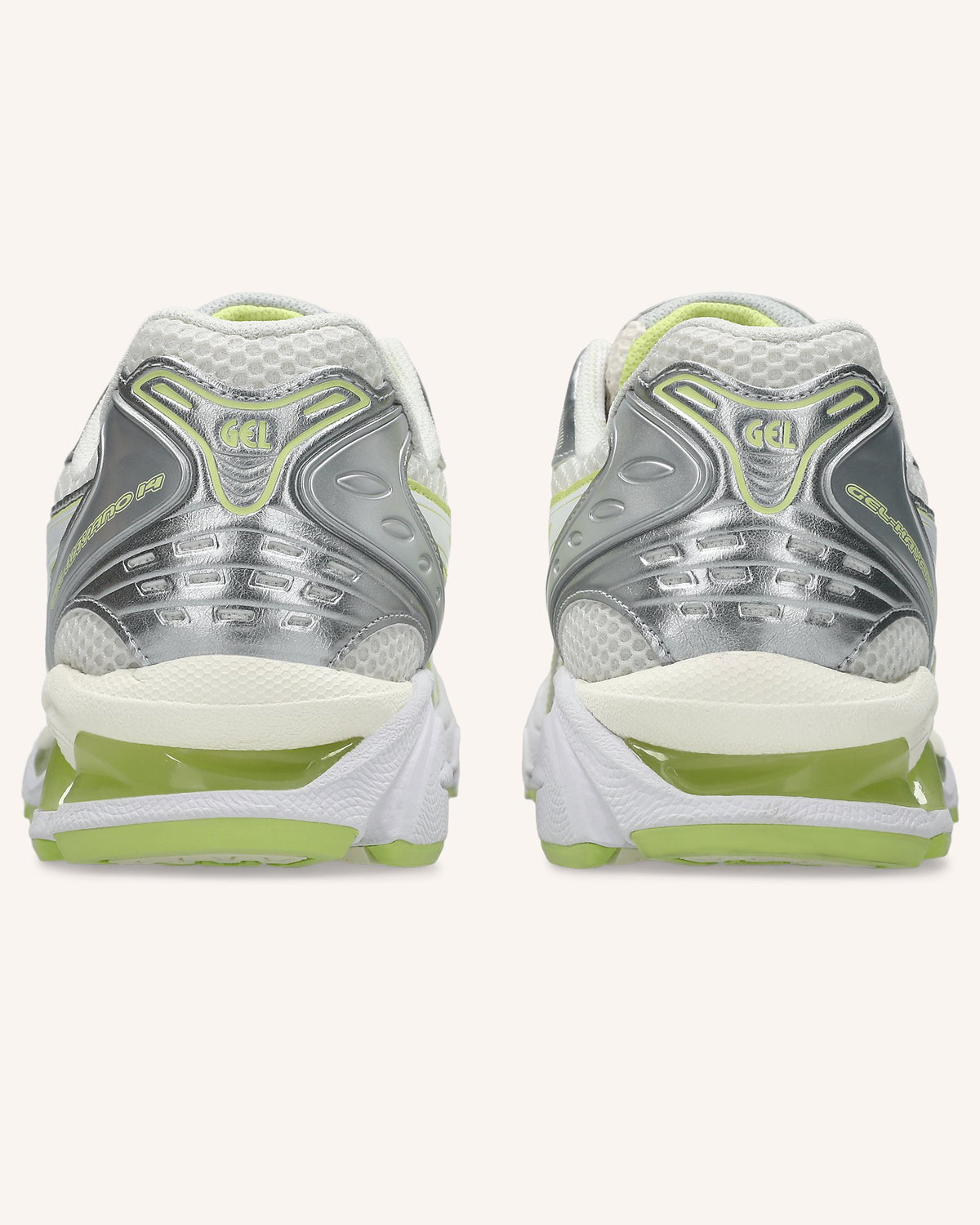 ASICS GEL-KAYANO 14 in Cream/Pistachio, rear view