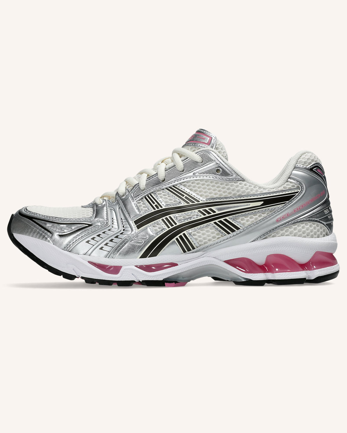 ASICS GEL-KAYANO 14 in Cream/Sweet Pink, side view
