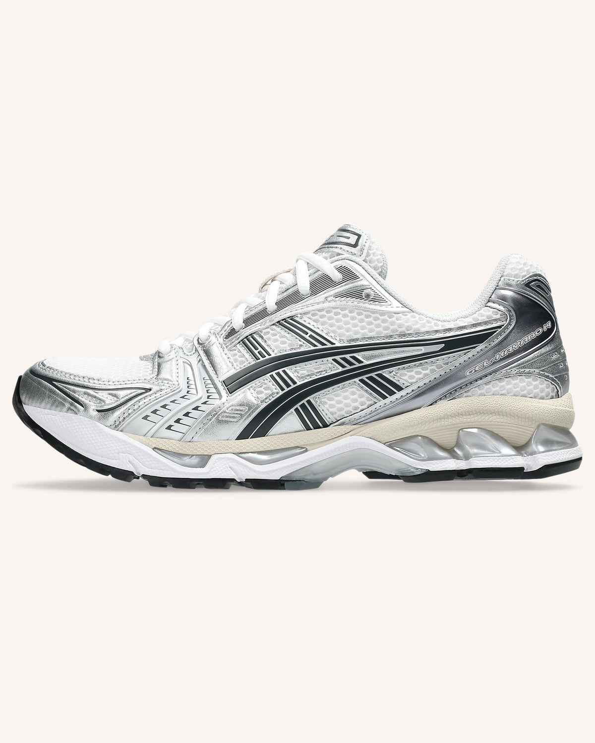 ASICS GEL-KAYANO 14 in White/Graphite Grey, side view