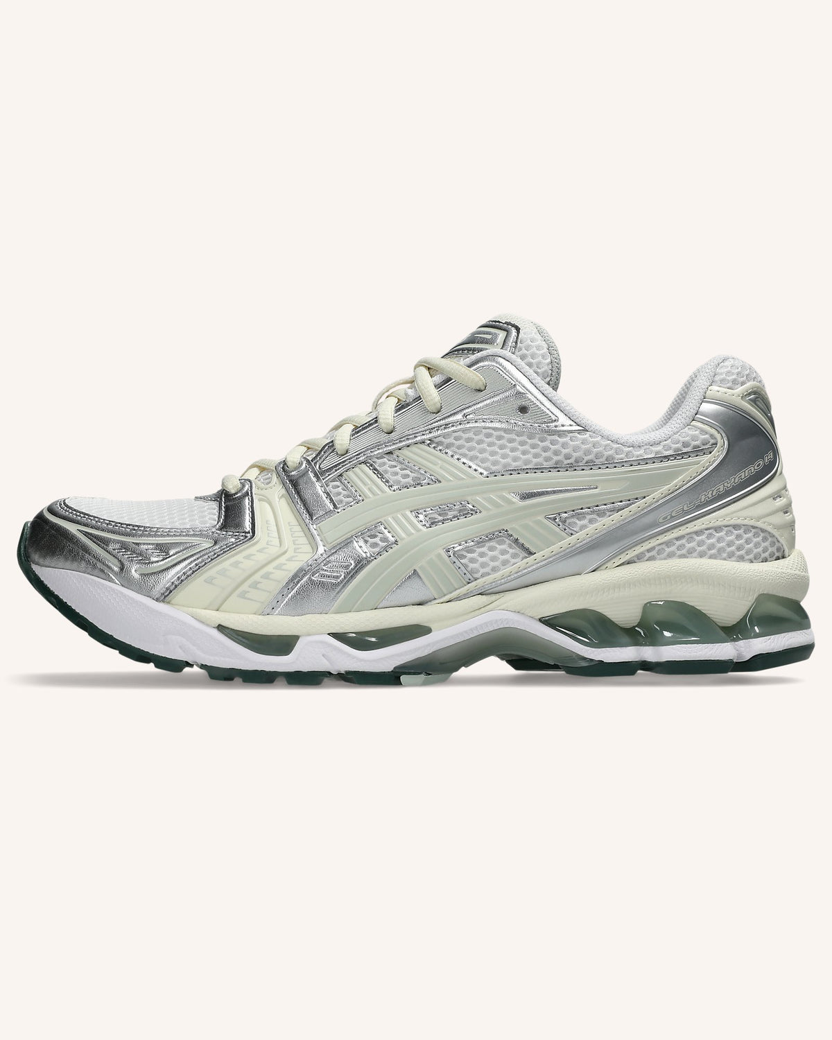 ASICS GEL-KAYANO 14 in White/Light Sage, side view