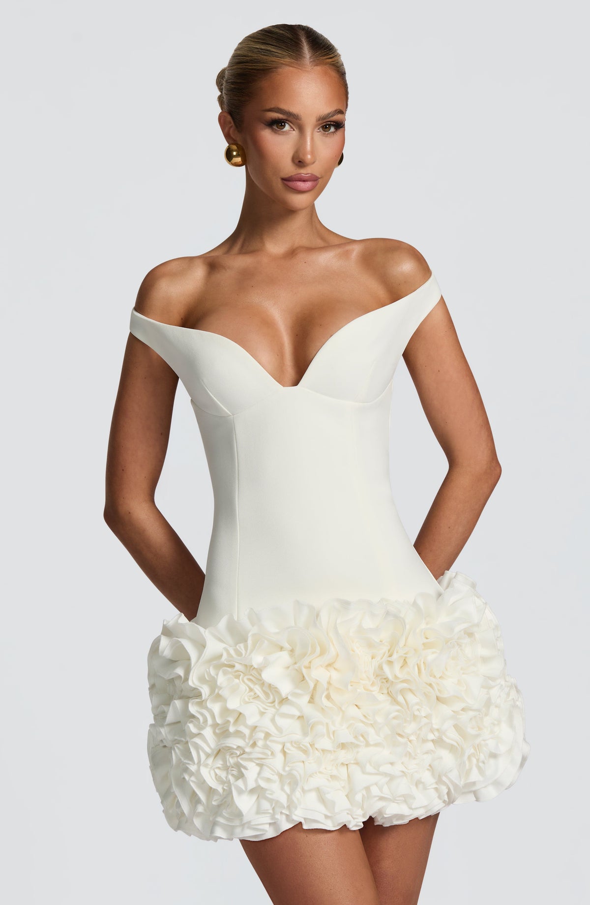 R.F Women's Dress Aveta Bardot Ivory Satin Ruffle Party