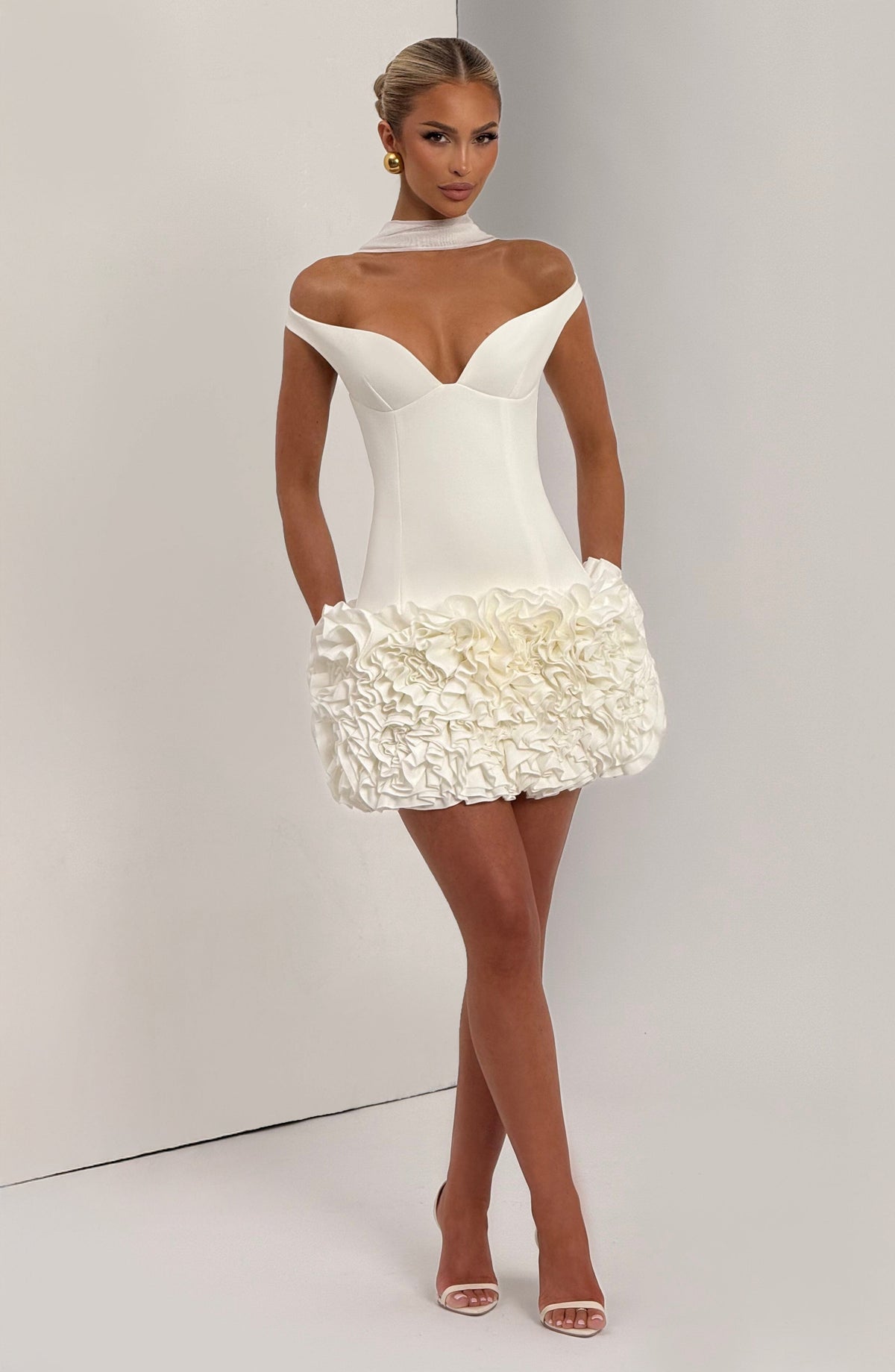 R.F Women's Dress Aveta Bardot Ivory Satin Ruffle Party