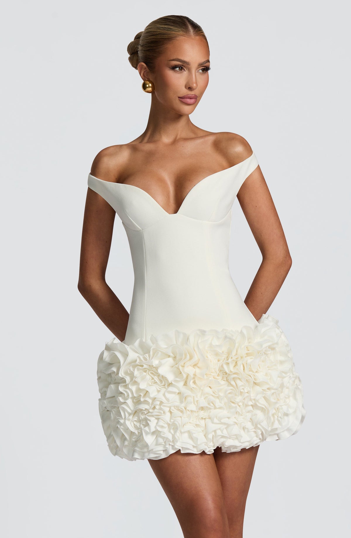 R.F Women's Dress Aveta Bardot Ivory Satin Ruffle Party