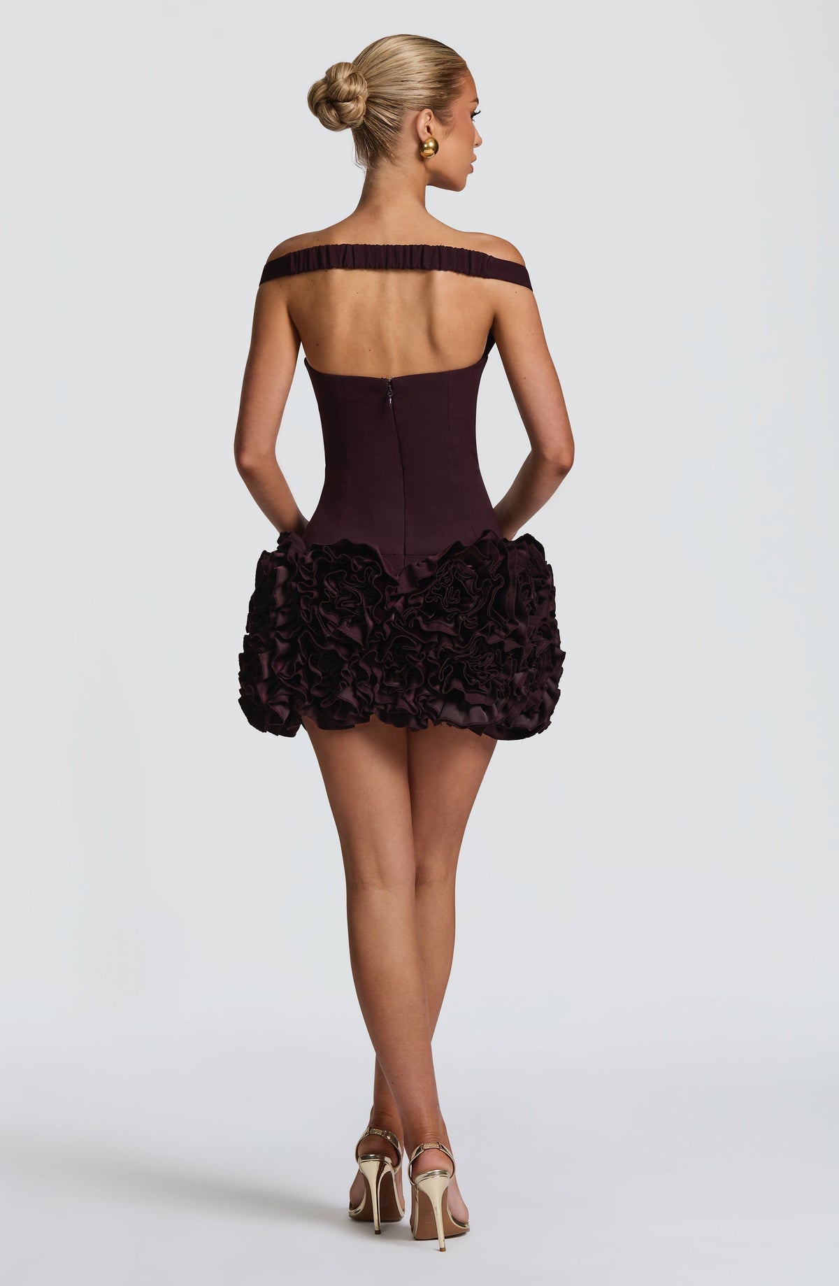 R.F Women's Dress Mini Bardot Plum Crepe Satin Party