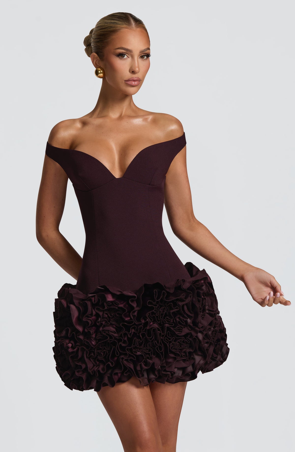 R.F Women's Dress Mini Bardot Plum Crepe Satin Party