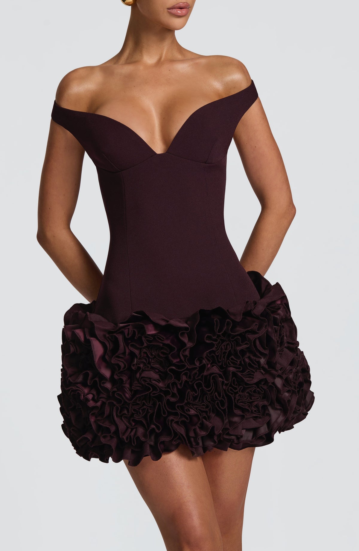 R.F Women's Dress Mini Bardot Plum Crepe Satin Party