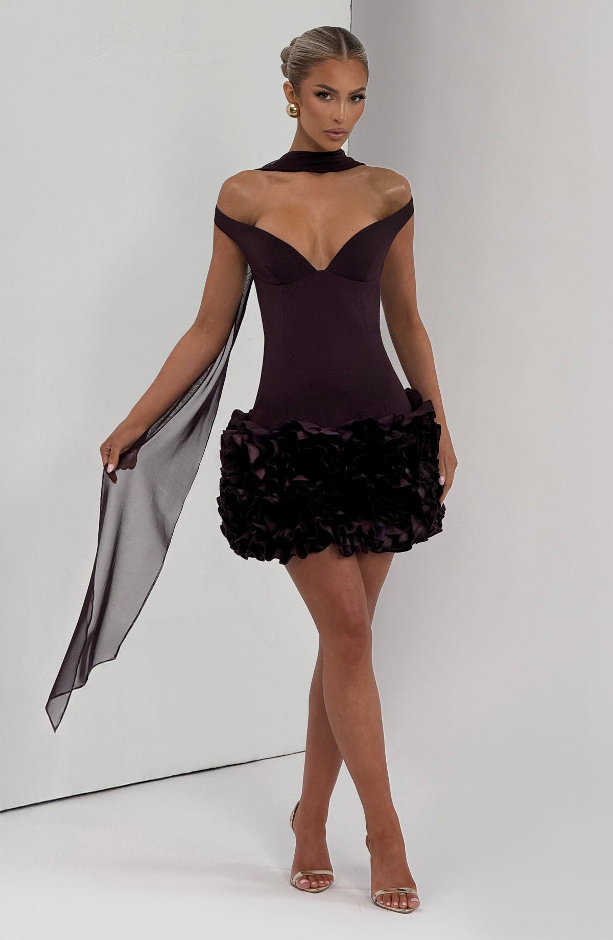 R.F Women's Dress Mini Bardot Plum Crepe Satin Party