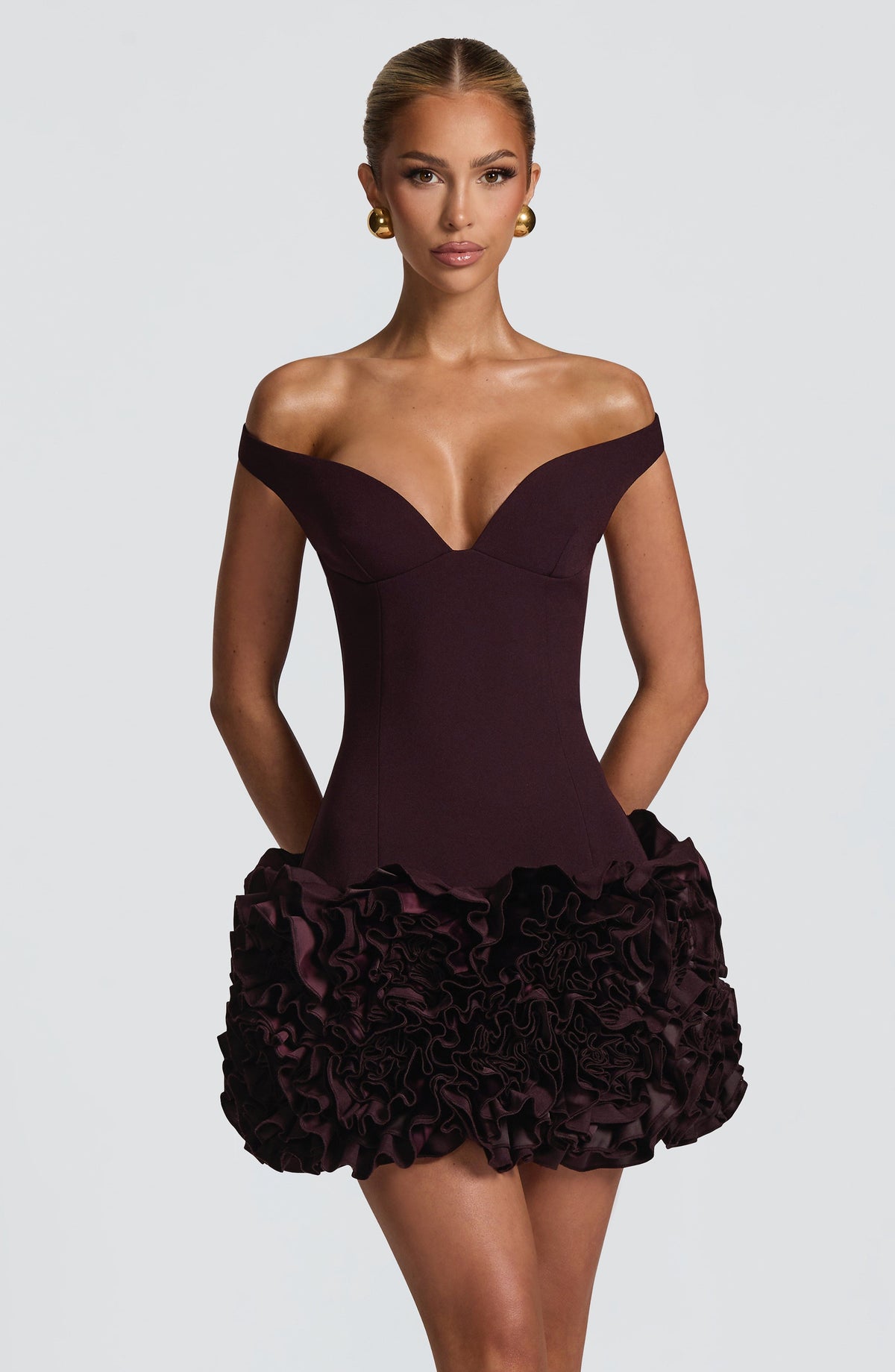 R.F Women's Dress Mini Bardot Plum Crepe Satin Party