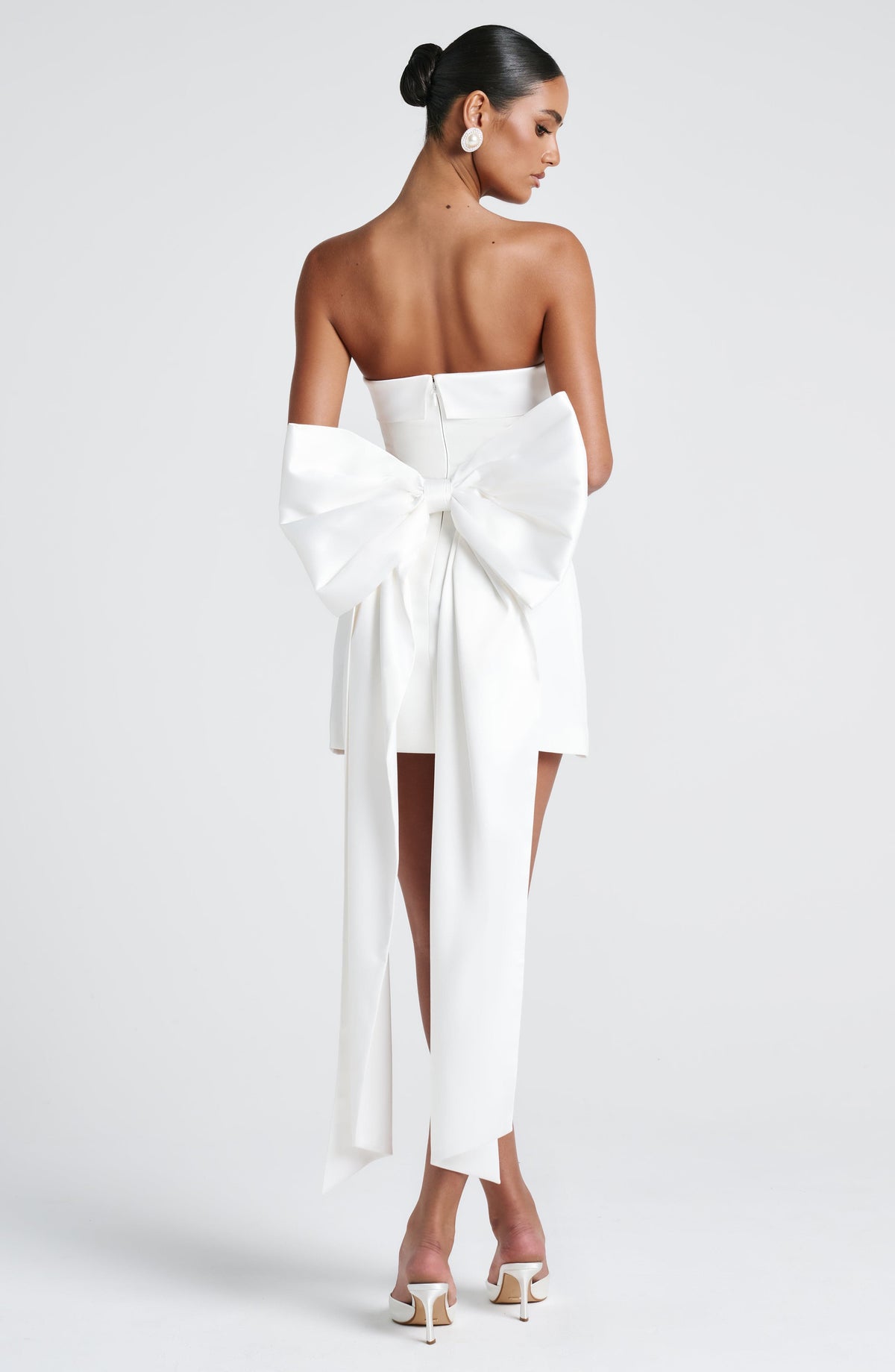 M.T Women's Dress Strapless Mini Ivory Satin Crepe Bow Bridal Party