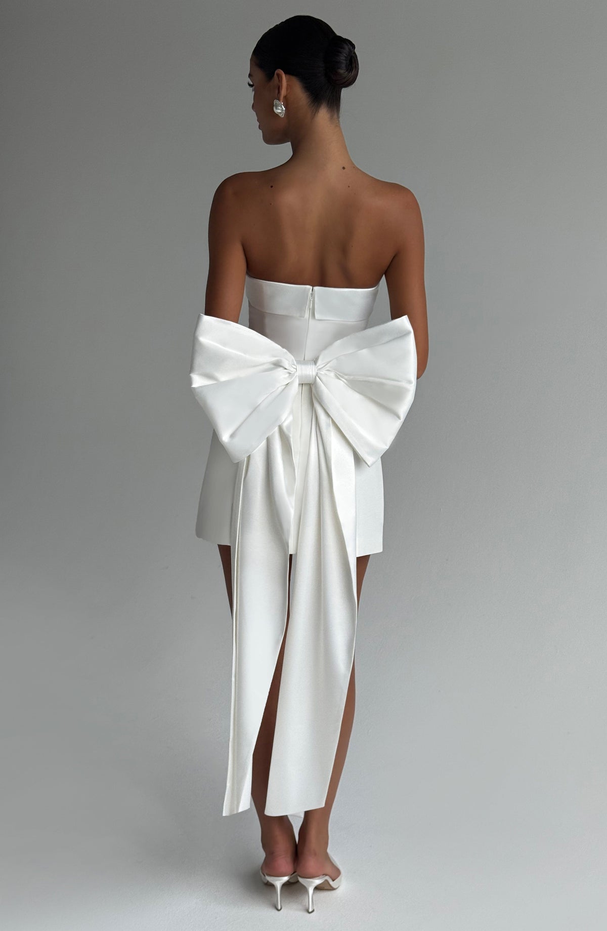 M.T Women's Dress Strapless Mini Ivory Satin Crepe Bow Bridal Party