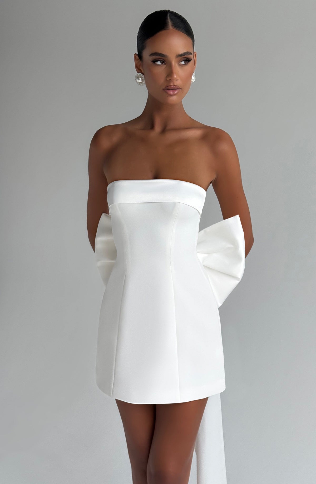 M.T Women's Dress Strapless Mini Ivory Satin Crepe Bow Bridal Party