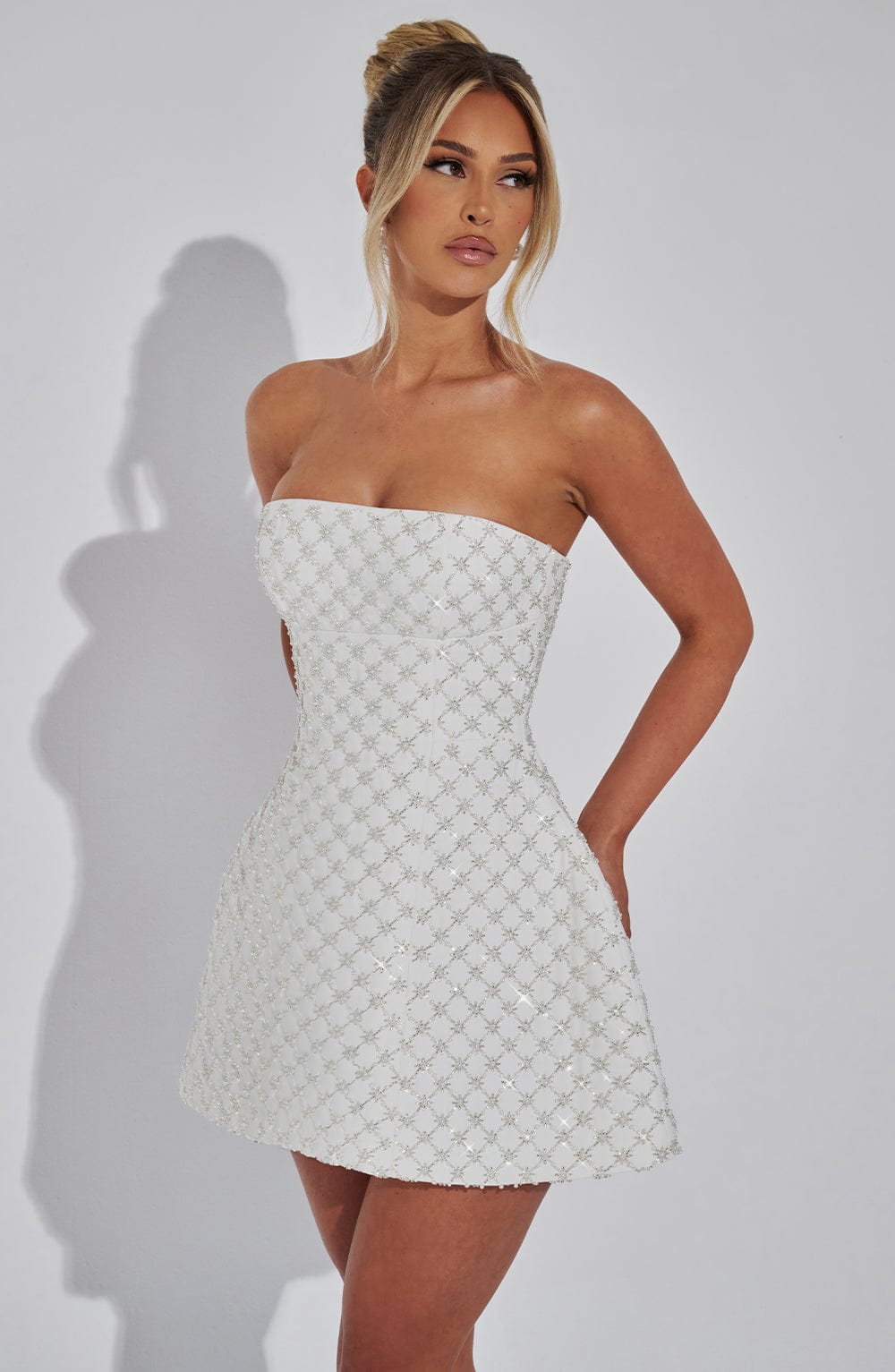 R.F Women's Dress Beatrice Strapless Bubble Hem Ivory Pearl Crepe Party
