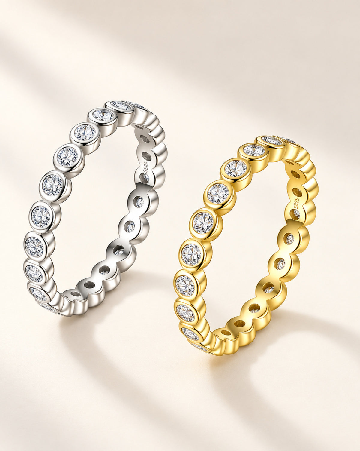 Women's bezel-set moissanite eternity rings in S925 silver and gold tone
