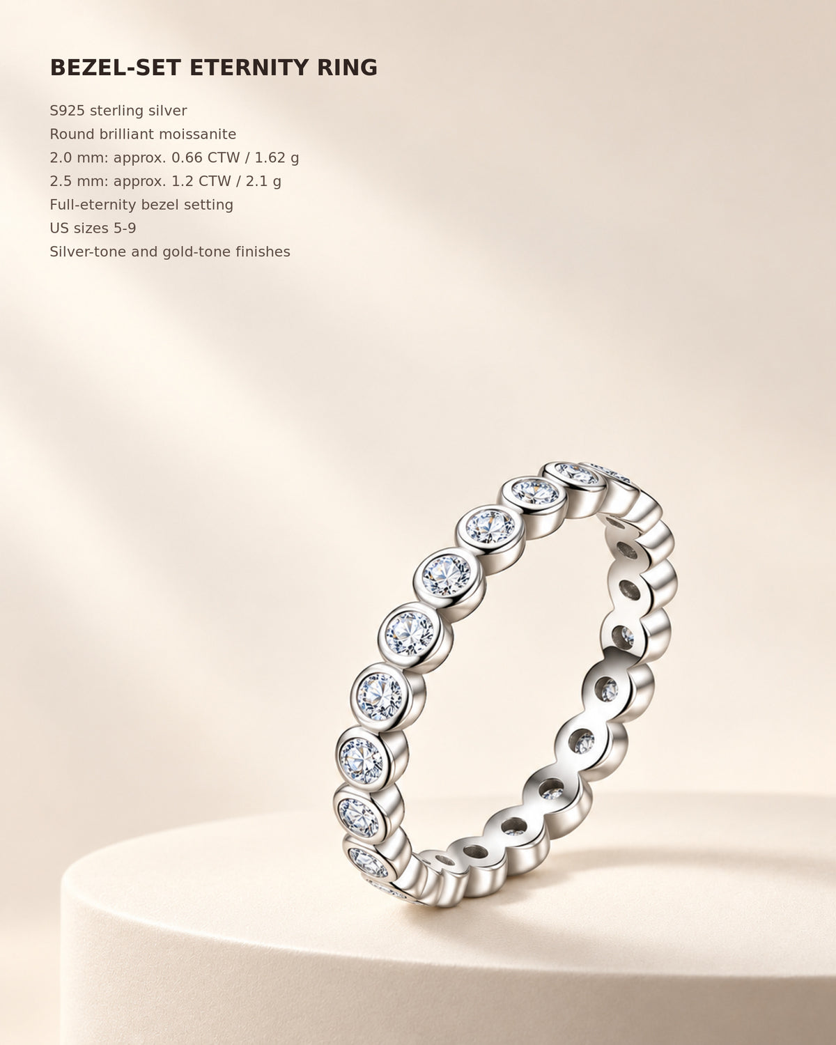 Bezel-set moissanite eternity ring specifications